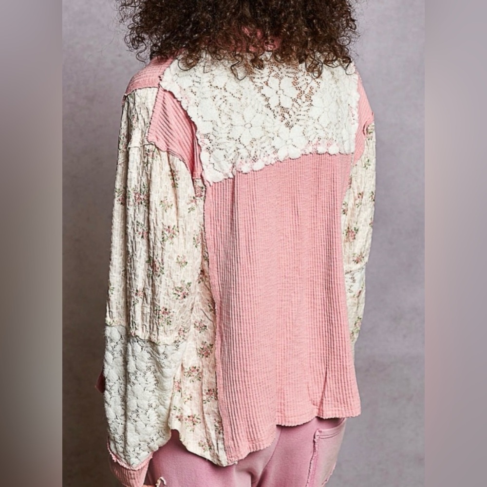 H175 New POL S pp24 Pink and Cream Patchwork detail Lace Button-Up Jacket Top - Picture 4 of 16